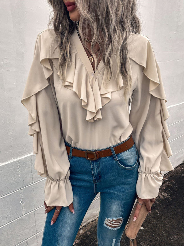 Women's Solid V-Neck Ruffle Panel Top