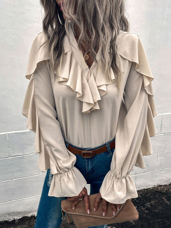 Women's Solid V-Neck Ruffle Panel Top