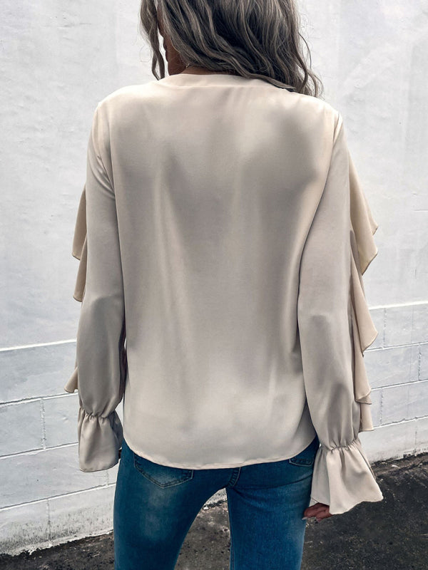 Women's Solid V-Neck Ruffle Panel Top