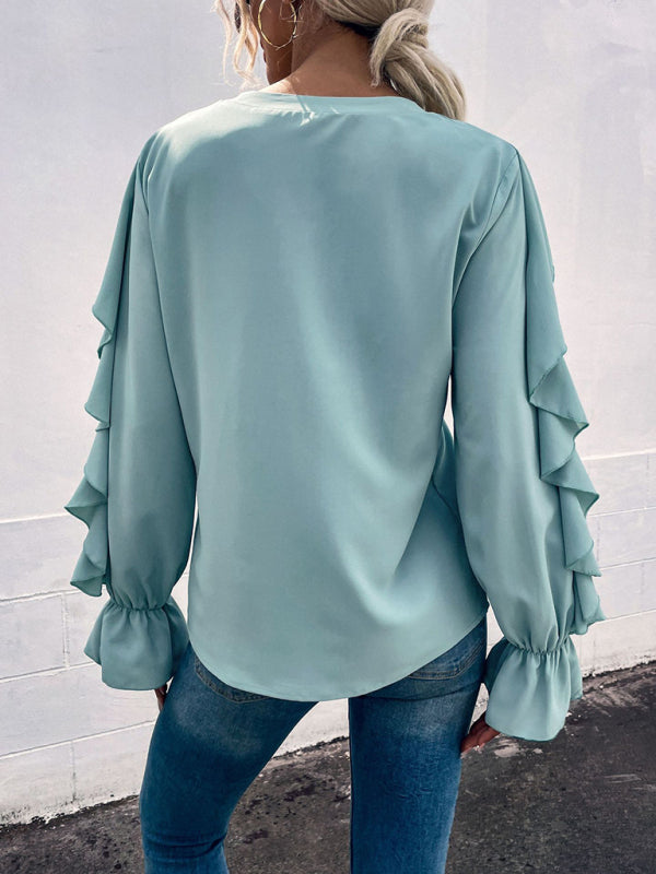 Women's Solid V-Neck Ruffle Panel Top