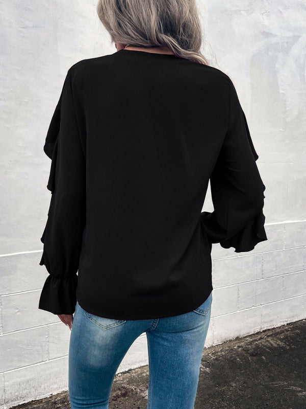 Women's Solid V-Neck Ruffle Panel Top