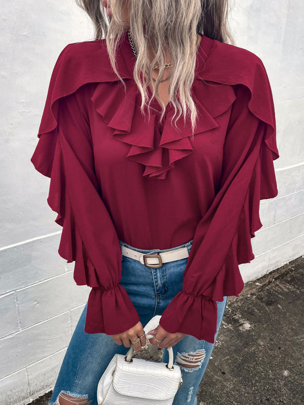 Women's Solid V-Neck Ruffle Panel Top