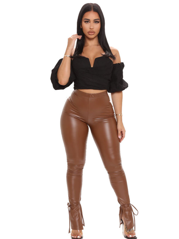 Women’s Vegan Leather Pants With Adjustable Suspender Straps And Slit