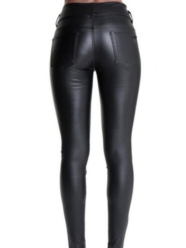 Women’s Faux Leather Exposed Button Closures At Front Belt Loops High Rise Skinny Pants