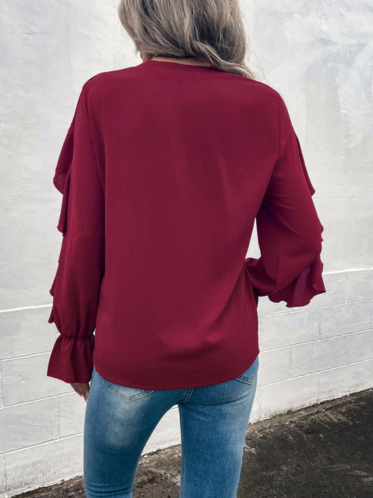 Women's Solid V-Neck Ruffle Panel Top