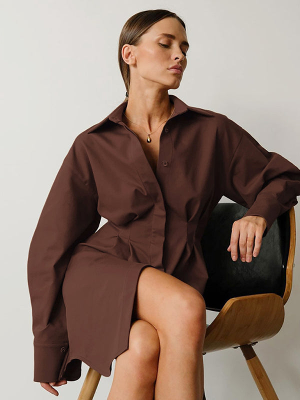 Women's Running Season Exaggerated Sleeve Front Button Point Collar Shirtdress