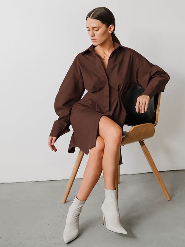 Women's Running Season Exaggerated Sleeve Front Button Point Collar Shirtdress