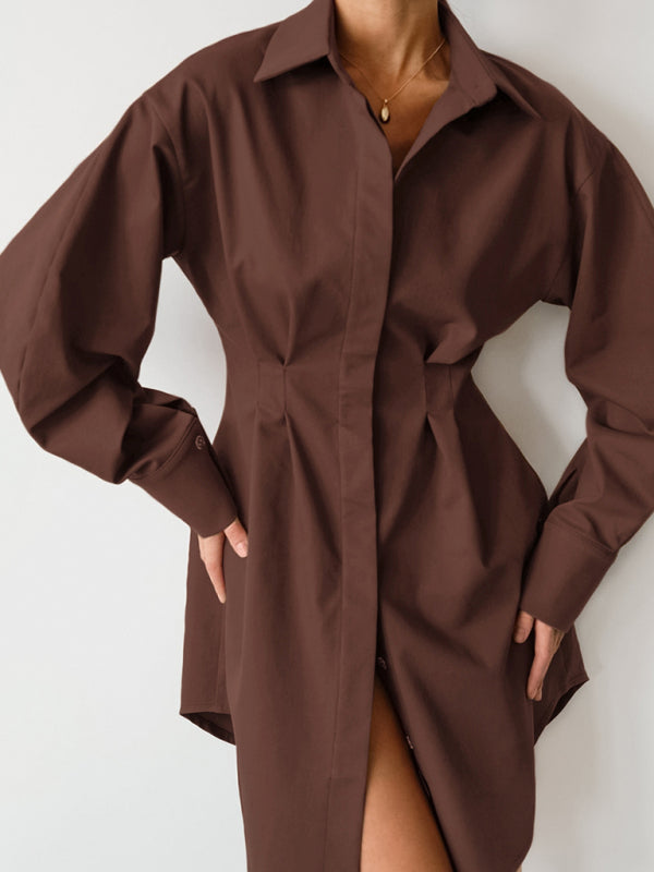 Women's Running Season Exaggerated Sleeve Front Button Point Collar Shirtdress