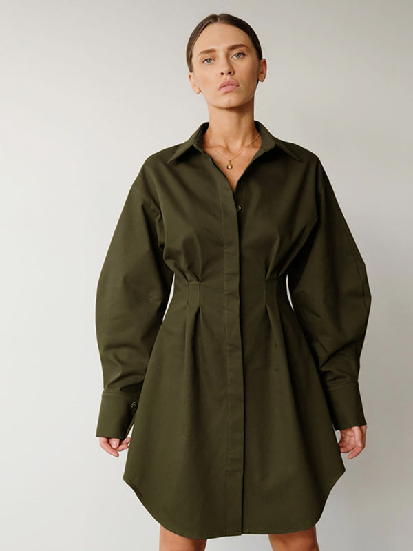 Women's Running Season Exaggerated Sleeve Front Button Point Collar Shirtdress