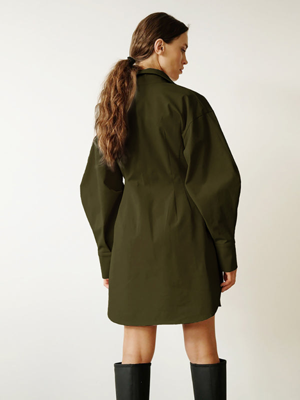 Women's Running Season Exaggerated Sleeve Front Button Point Collar Shirtdress