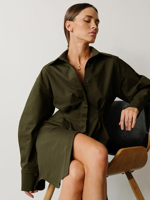 Women's Running Season Exaggerated Sleeve Front Button Point Collar Shirtdress