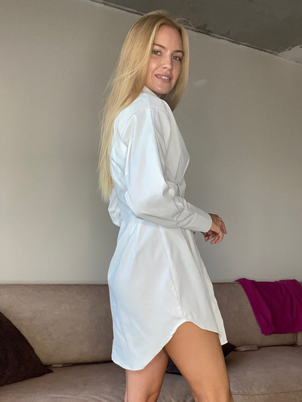 Women's Running Season Exaggerated Sleeve Front Button Point Collar Shirtdress