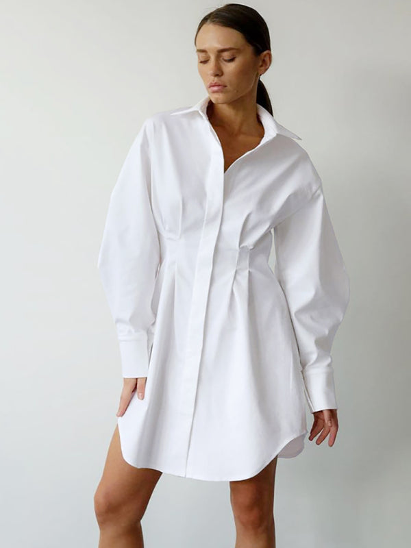 Women's Running Season Exaggerated Sleeve Front Button Point Collar Shirtdress
