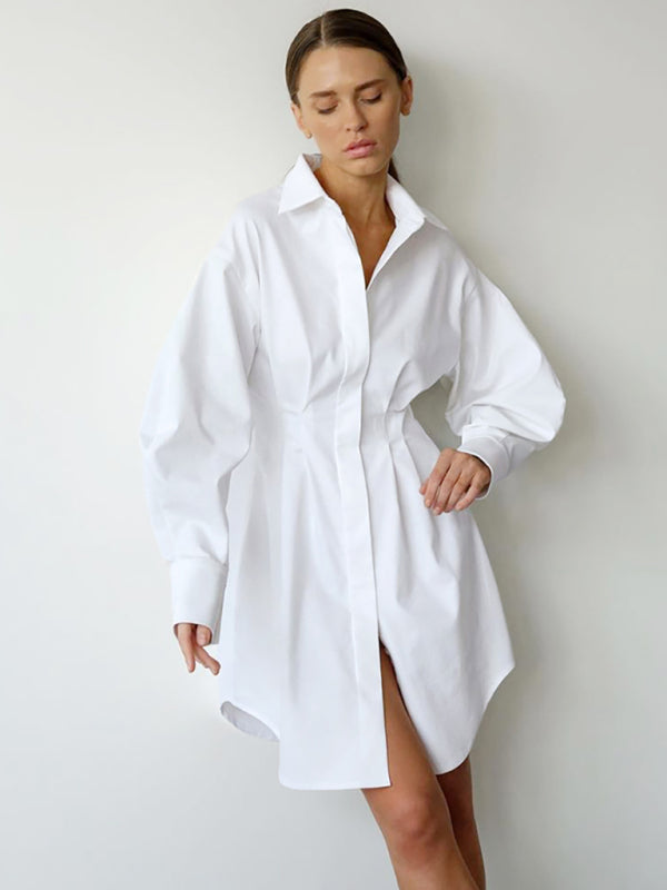 Women's Running Season Exaggerated Sleeve Front Button Point Collar Shirtdress