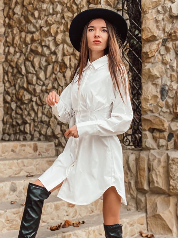 Women's Running Season Exaggerated Sleeve Front Button Point Collar Shirtdress